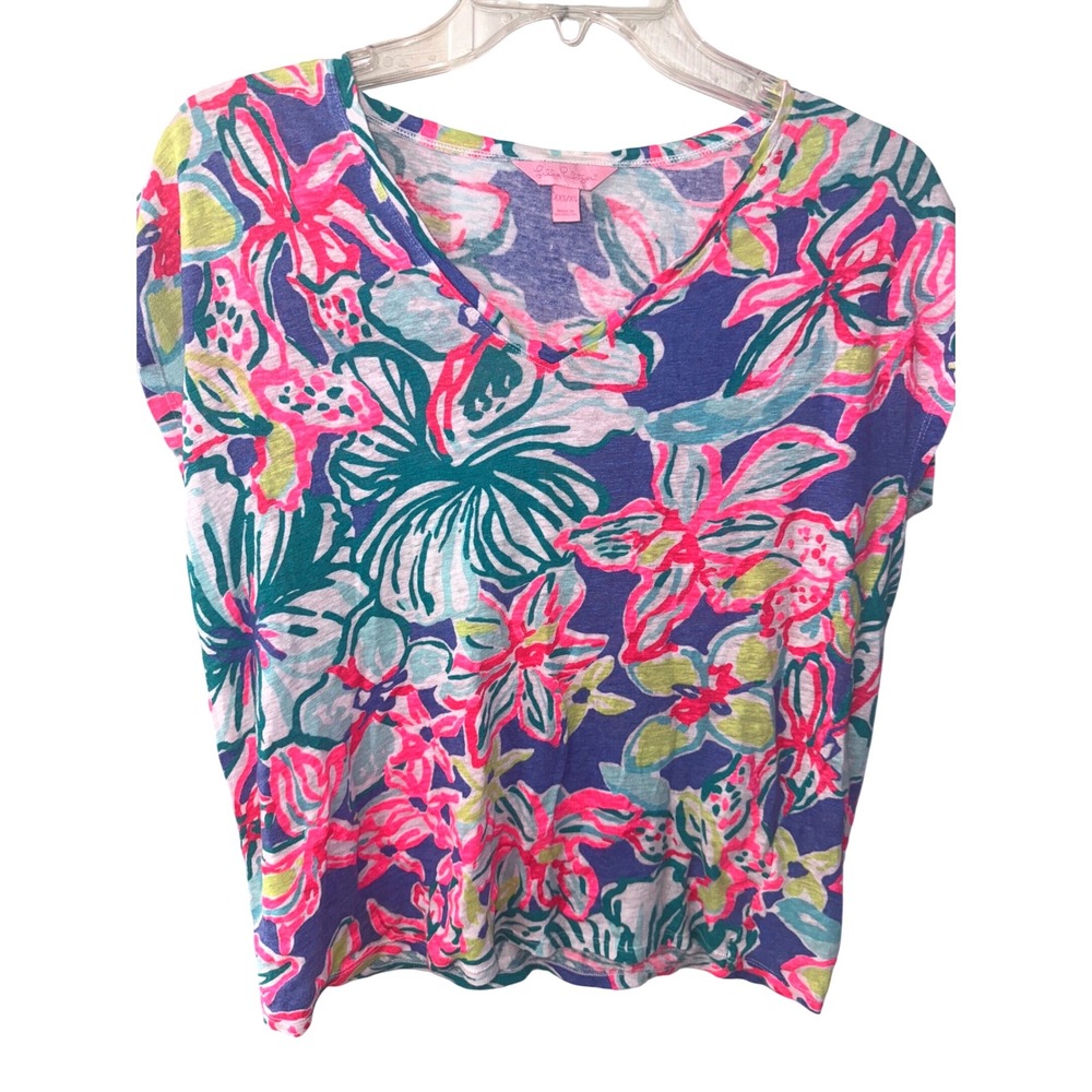 Lilly Pulitzer Iris Blue Hartwell Top Women's XXS/XS 100% Linen Beach Tropical - Picture 3 of 9